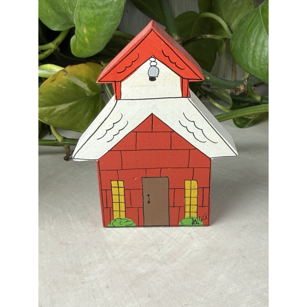 Hand Painted Wooden Red Schoolhouse / Church House Folk Art Signed 3.75” Tall